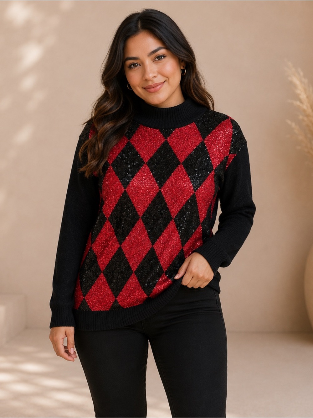 90s I.B. Diffusion Argyle Sequin Mock Neck Silk Angora Lambswool Sweater Sz S